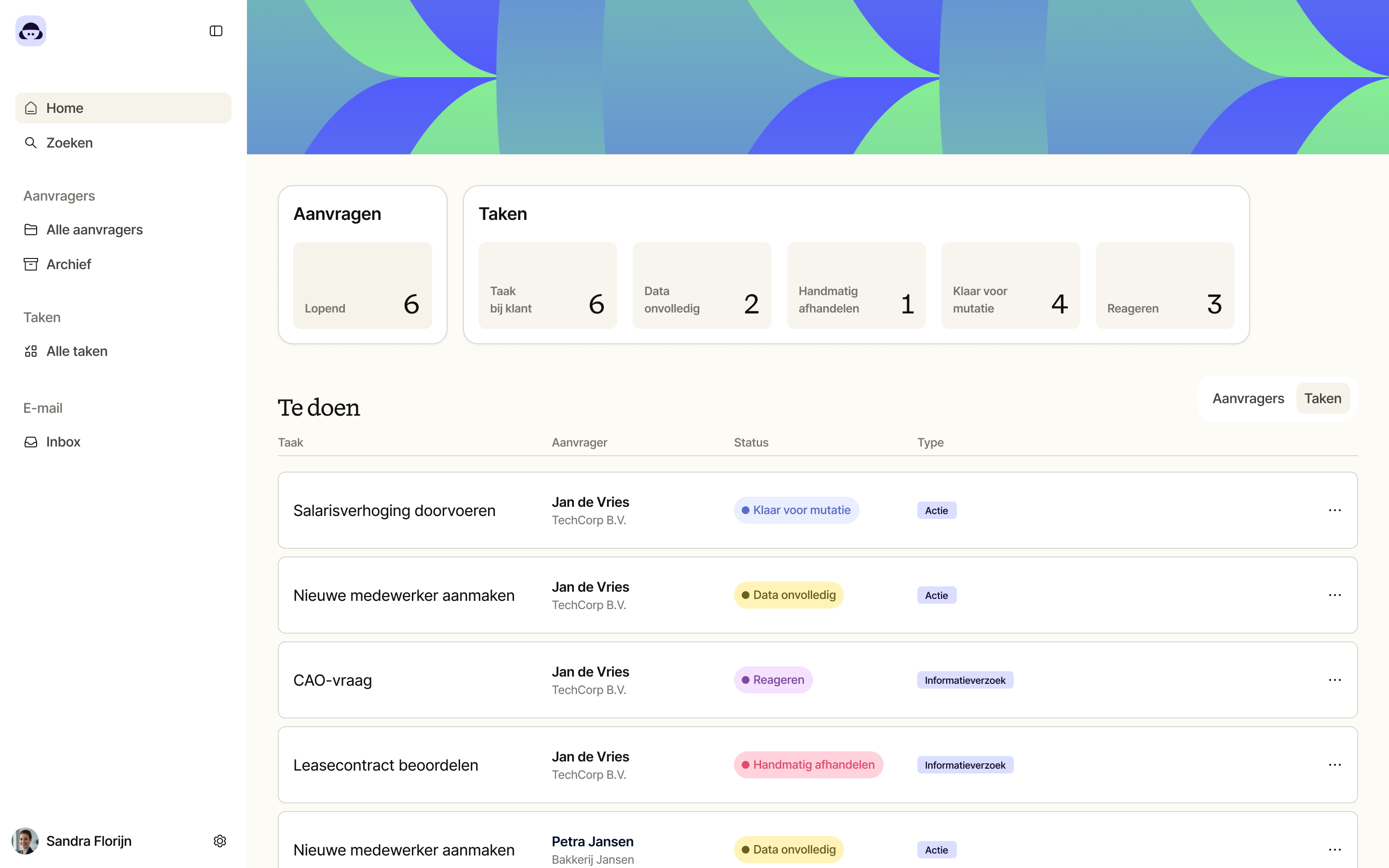 Sally platform — dashboard met aanvragen, taken en inbox